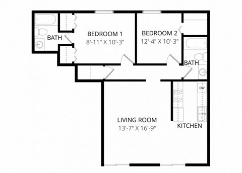 Floor plan for 2 beds, 2 baths, 850 sqft